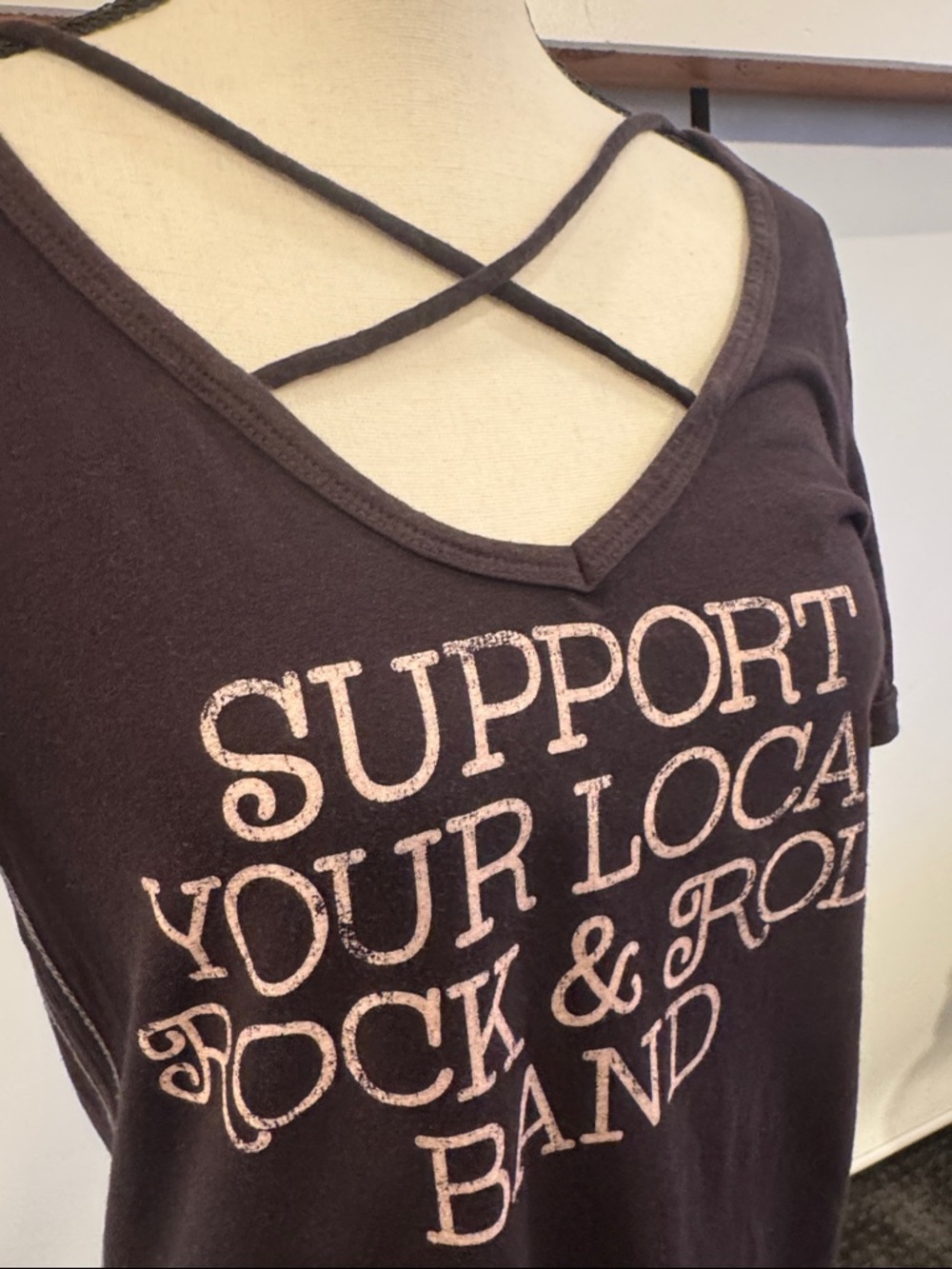 Trunk Ltd Black Crisscross V-Neck 'Support Your Local Rock & Roll Band' Tee - Picture 3 of 4